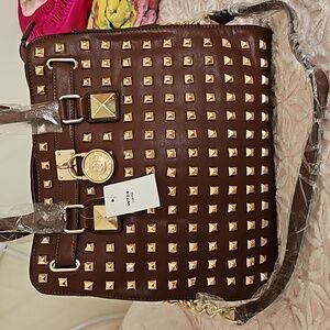 NWT Gold Studded Coffee Colored Fashion Tote